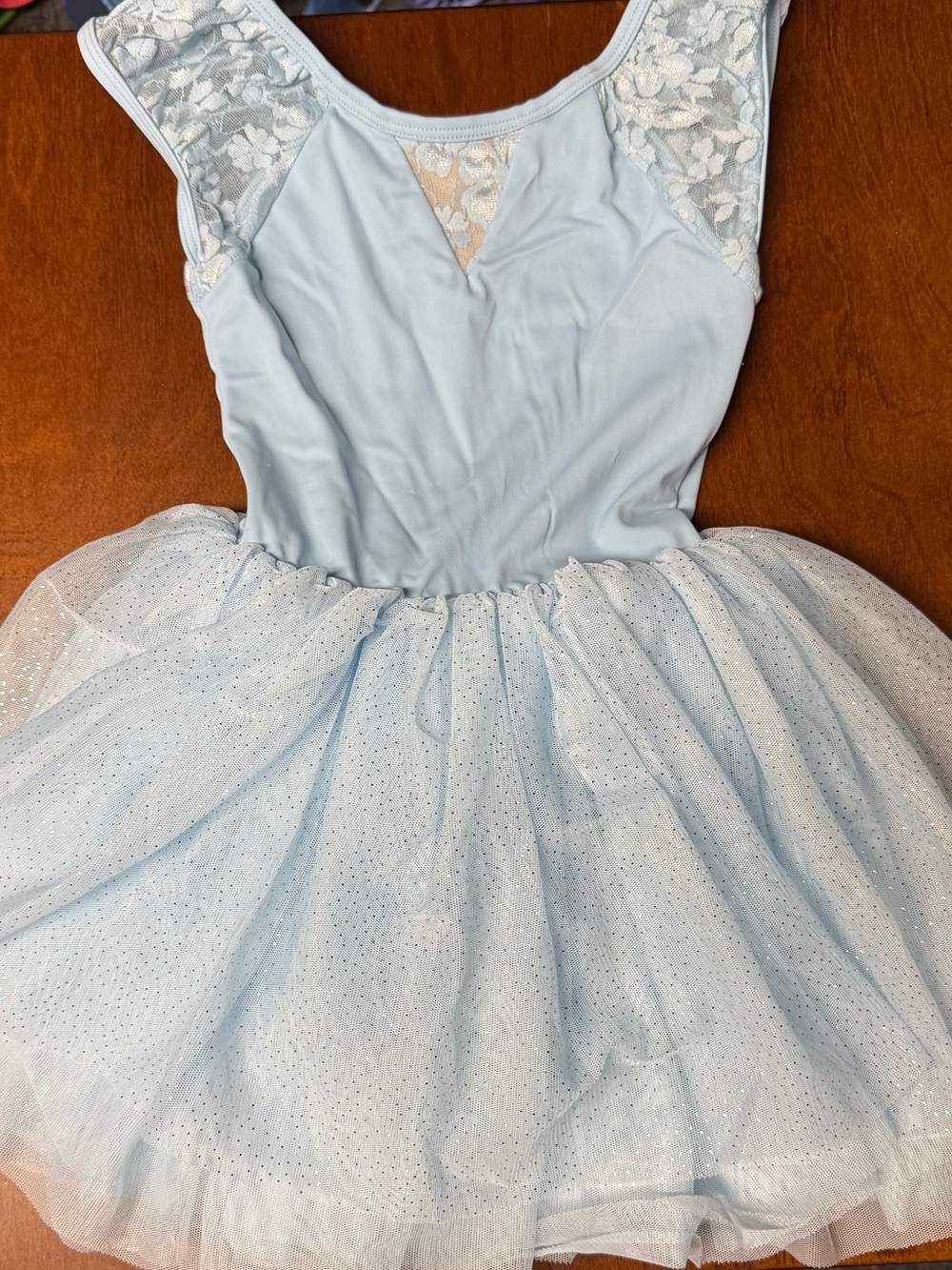 Light Blue Sparkle Tulle Dance Leotard with Lace Accents